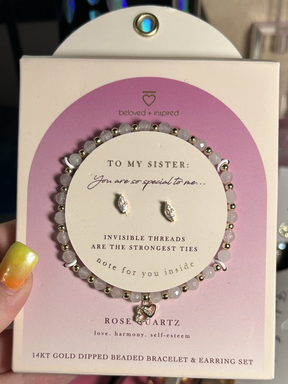 Beloved + Inspired Rose Quartz 14k Gold Dipped Bracelet Earring Set NWT